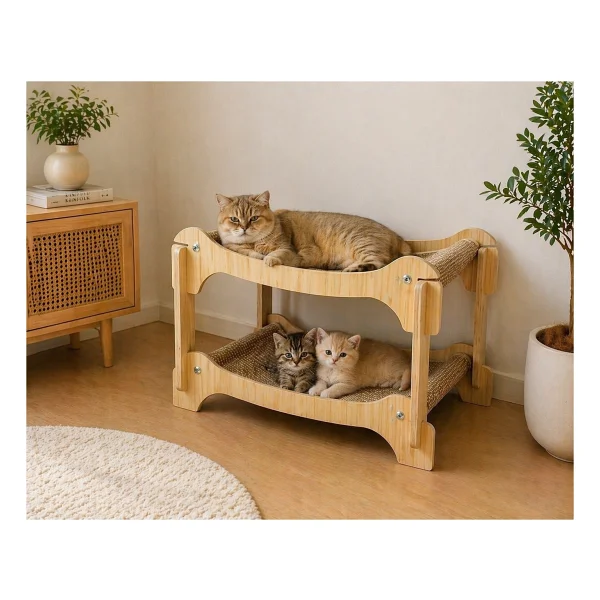 Pureza Ahşap Iki Katlı Kedi Yatağı & Dinlenme Standı - Hasır Yüzeyli (Çift Katlı Tasarım) - Görsel 4