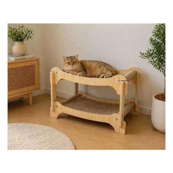Pureza Ahşap Iki Katlı Kedi Yatağı & Dinlenme Standı - Hasır Yüzeyli (Çift Katlı Tasarım) - Görsel 2