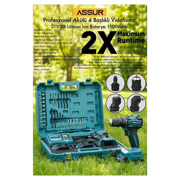 Assur 21v Çift Akülü 4 Başlıklı Kömürsüz Motor Şarjlı Matkap Vidalama - Görsel 2