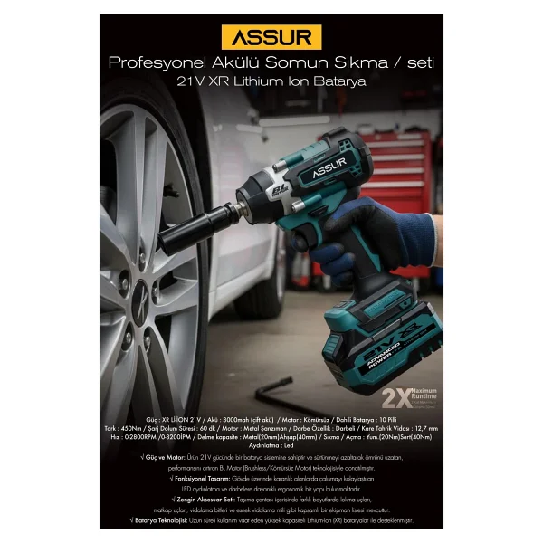 Assur 450 Nm Torklu 21v Çift Akülü 10 Pilli Kömürsüz 1/2 Mavi Somun Sıkma Sökme Makinesi - Görsel 2