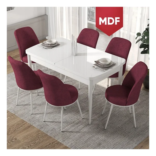 Canisa Concept Via Serisi Açılabilir Beyaz Renk Mutfak Masası Takımı, Yemek Masası+6 Adet Sandalye - Bordo - Görsel 5