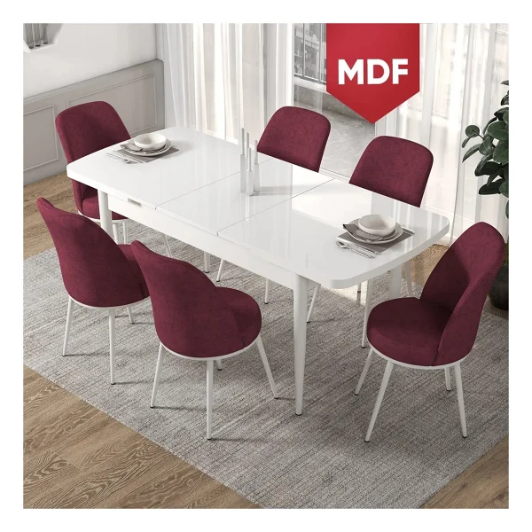 Canisa Concept Via Serisi Açılabilir Beyaz Renk Mutfak Masası Takımı, Yemek Masası+6 Adet Sandalye - Bordo - Görsel 2