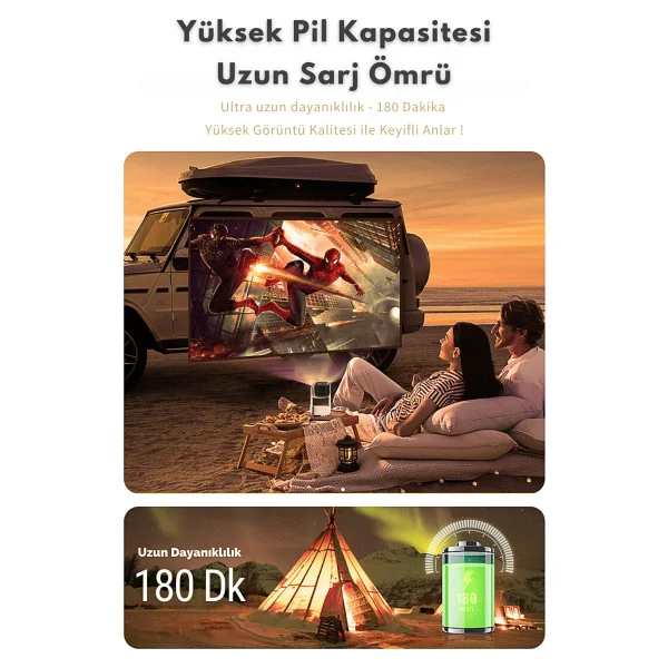 K2 Bataryalı Projeksiyon Cihazı Taşınabilir 4K Destekli 1080P Android Sistemli Projektör - Beyaz - Görsel 4
