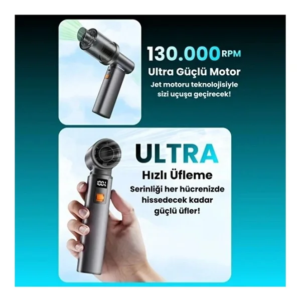 Violent Turbo Jet Fan 130000rpm Ultra Güçlü Motor Güçlü Vakum 4000mah Bataryalı Üflemeli - Gri - Görsel 6