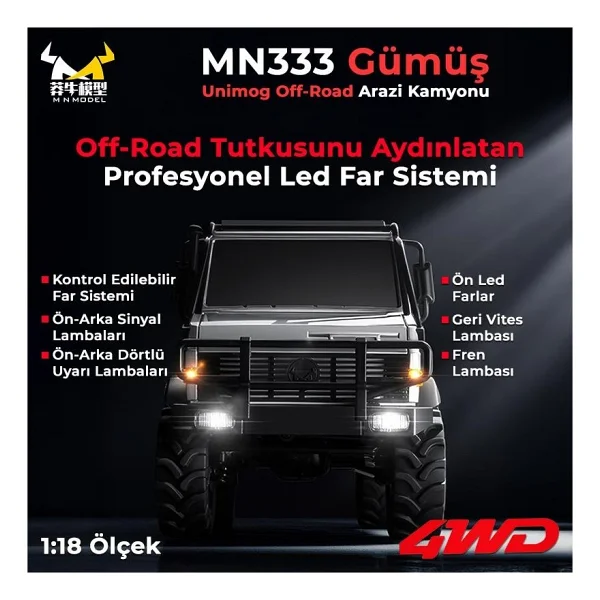 Mn Model Mn333 1/18 Mercedes Unimog U4000 4wd Rc Crawler Offroad Uzaktan Kumandalı Araba Arazi Aracı Model Car Truck Rtr - Görsel 3