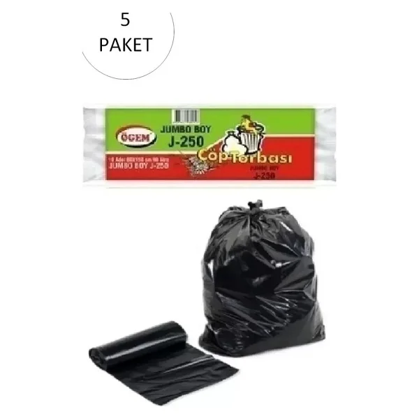 Ögem J-250 Jumbo Boy Çöp Torbası 80 X 110 Cm 10'lu Rulo X 5 Paket = 50 Adet (Siyah) - Görsel 2