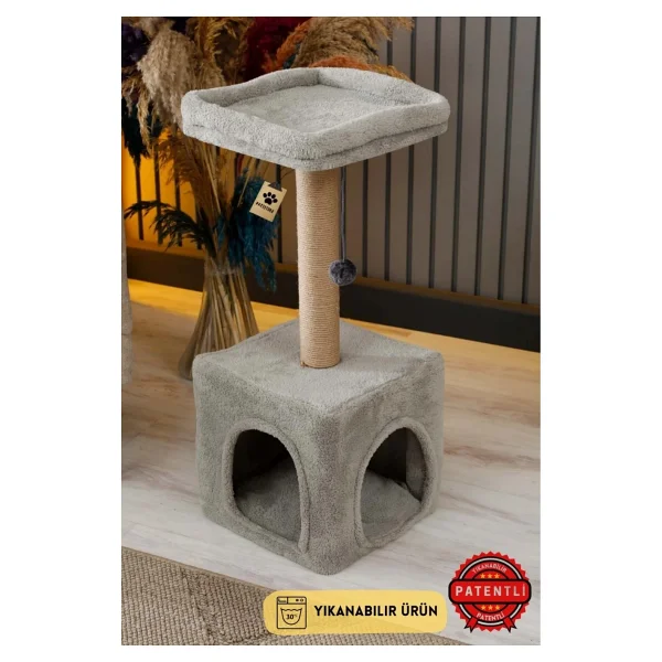 Pati Store Bodrum Modeli Yıkanabilir Kedi Evi Ve Tırmalama - Ekstra Sağlam Mdf Taban - Yumuşak Welsoft Dokulu - Gri - Görsel 3