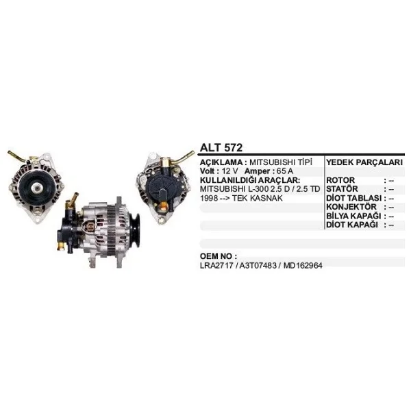 Dodo Alternatör 12V 65A Mıtsubıshı L300 98-2.5 D-Td Vakumlu -Tek Kasnak Mıtsubıshı Tip (1 Ad )