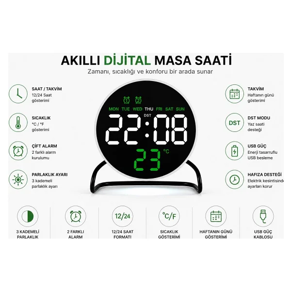 Valkyrie LED Dijital Masa Saati Alarm Sıcaklık Takvim Göstergeli USB Gece Işıklı Masa Saati Çift Alarm - Görsel 2