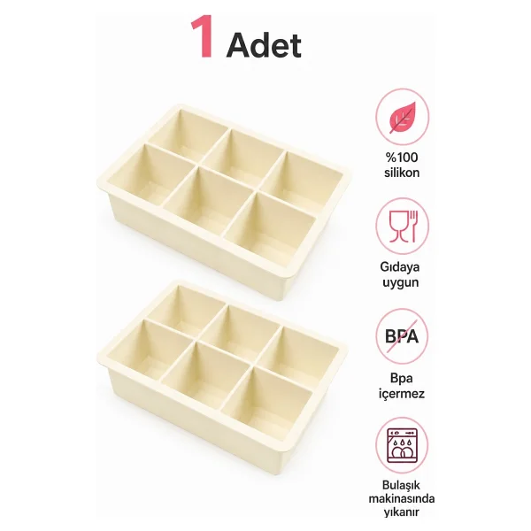 Evolis Kitchen 1 Adet (6 Bölmeli Büyük Boy Silikon Buz Kalıbı Silikon Kare Buzluk Kokteyl Çok Amaçlı (Krem) - Görsel 5