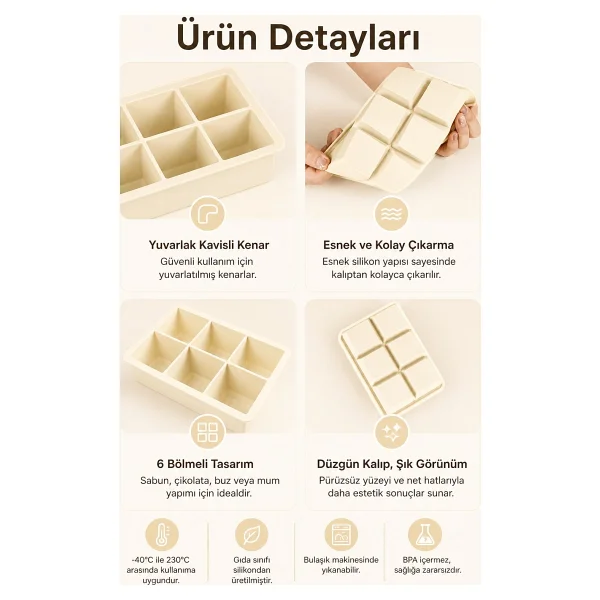 Evolis Kitchen 1 Adet (6 Bölmeli Büyük Boy Silikon Buz Kalıbı Silikon Kare Buzluk Kokteyl Çok Amaçlı (Krem) - Görsel 3