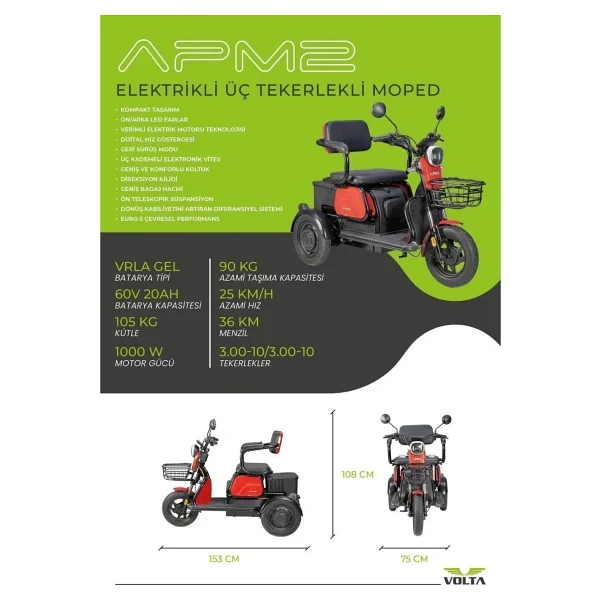 Apec Apm2 1000 W 3 Tekerlekli Elektrikli Motosiklet Kırmızı - Görsel 4