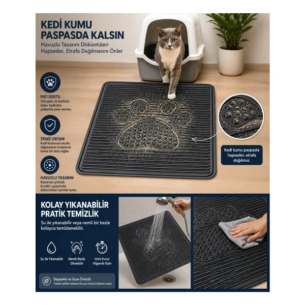 Black Gold Kedi Kumu Paspası 60x42 Havuzlu Kaymaz Yıkanabilir Kedi Tuvalet Altlığı Döküntü Önleyici Mat - Siyah - Görsel 2