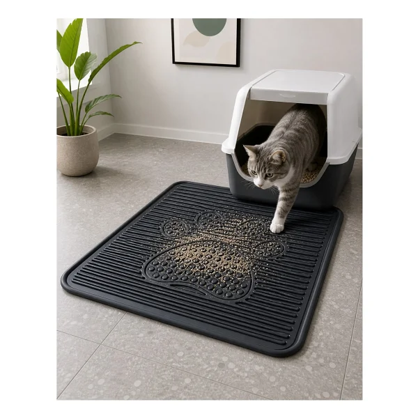 Black Gold Kedi Kumu Paspası 60x42 Havuzlu Kaymaz Yıkanabilir Kedi Tuvalet Altlığı Döküntü Önleyici Mat - Siyah - Görsel 3