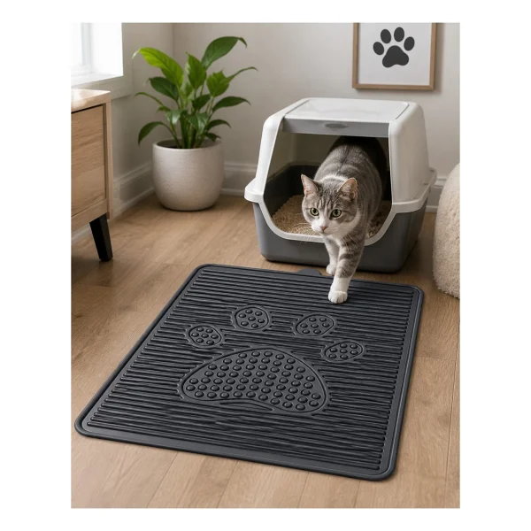 Black Gold Kedi Kumu Paspası 60x42 Havuzlu Kaymaz Yıkanabilir Kedi Tuvalet Altlığı Döküntü Önleyici Mat - Siyah - Görsel 6