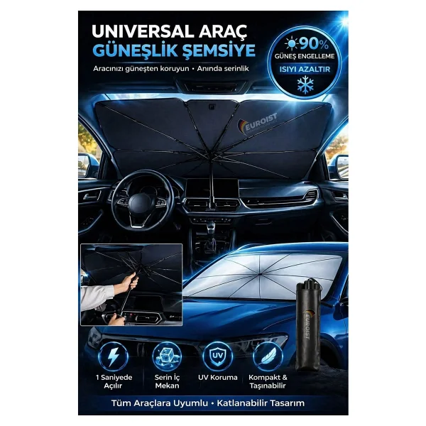 Euroist Katlanabilir Araba Ön Cam Güneşlik Şemsiye 140x79 Cm Uv Koruyucu Oto Gölgelik - Görsel 4