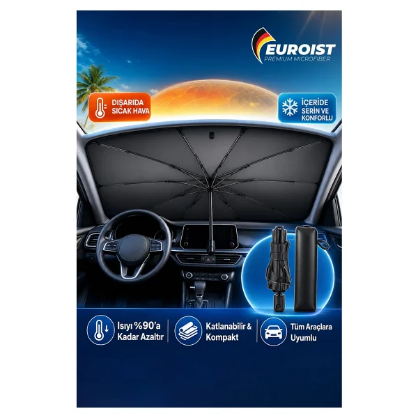 Euroist Katlanabilir Araba Ön Cam Güneşlik Şemsiye 140x79 Cm Uv Koruyucu Oto Gölgelik - Görsel 5