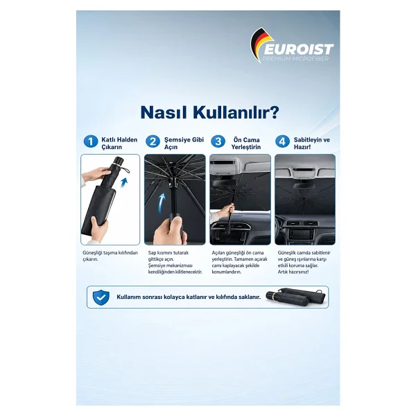 Euroist Katlanabilir Araba Ön Cam Güneşlik Şemsiye 140x79 Cm Uv Koruyucu Oto Gölgelik - Görsel 6