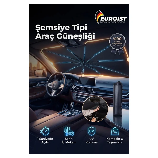 Euroist Katlanabilir Araba Ön Cam Güneşlik Şemsiye 140x79 Cm Uv Koruyucu Oto Gölgelik - Görsel 7