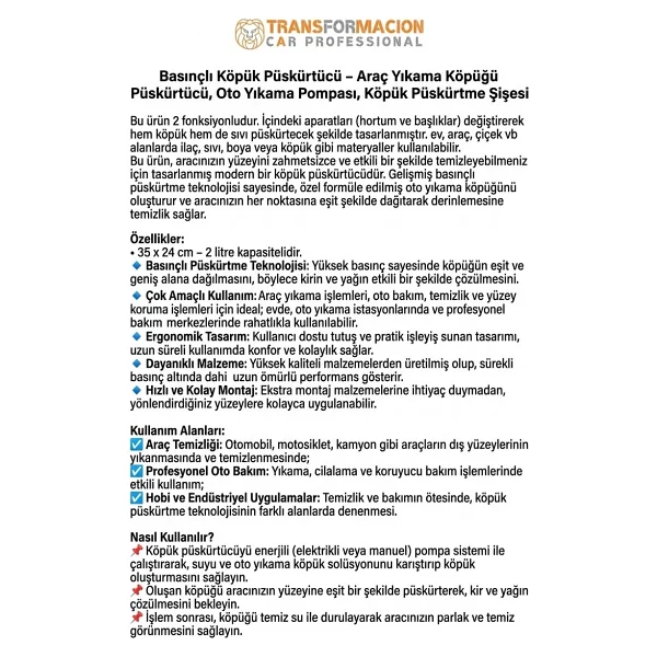 Transformacion Basınçlı Köpük Püskürtücü - Araç Yıkama Köpüğü Püskürtücü Oto Yıkama Pompası Köpük Püskürtme Şişesi 723171 - Görsel 2