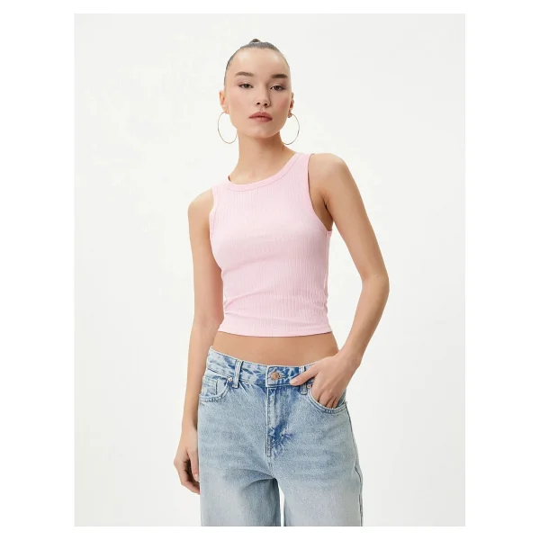 Koton Basic Crop Atlet Bisiklet Yaka Pamuklu Ribanalı - Pembe - Görsel 8