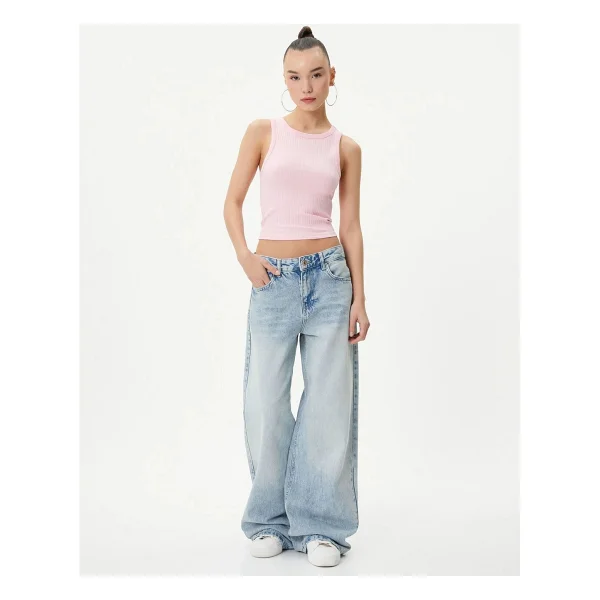 Koton Basic Crop Atlet Bisiklet Yaka Pamuklu Ribanalı - Pembe - Görsel 2