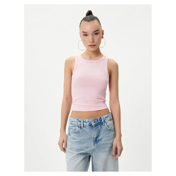 Koton Basic Crop Atlet Bisiklet Yaka Pamuklu Ribanalı - Pembe - Görsel 3