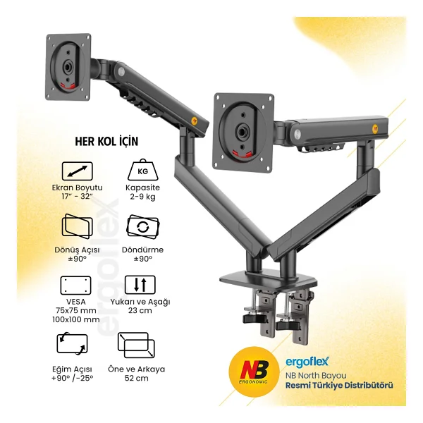 North Bayou A5c 17-32 İnç İki Kollu Amortisörlü Monitör Standı - Görsel 3