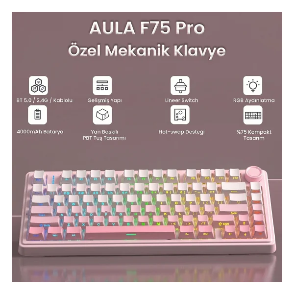 Aula F75 RGB %75 Tkl Cotton Candy Switch Kablolu/Kablosuz Mekanik Oyuncu Klavyesi - Görsel 2