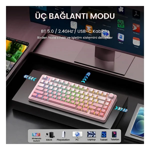 Aula F75 RGB %75 Tkl Cotton Candy Switch Kablolu/Kablosuz Mekanik Oyuncu Klavyesi - Görsel 3