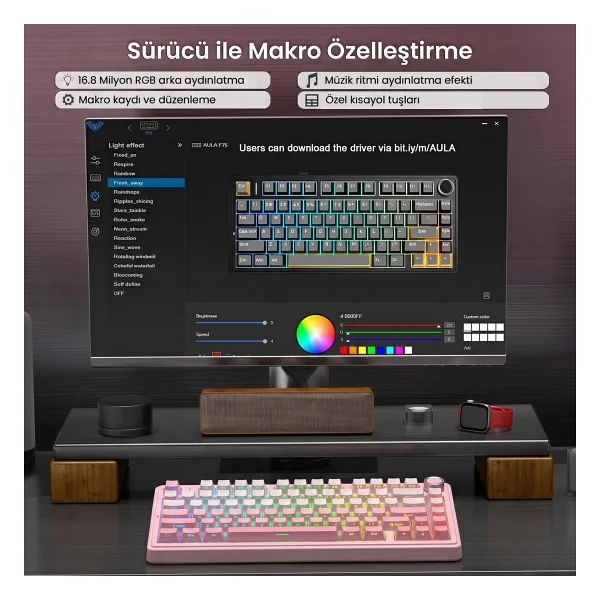 Aula F75 RGB %75 Tkl Cotton Candy Switch Kablolu/Kablosuz Mekanik Oyuncu Klavyesi - Görsel 4