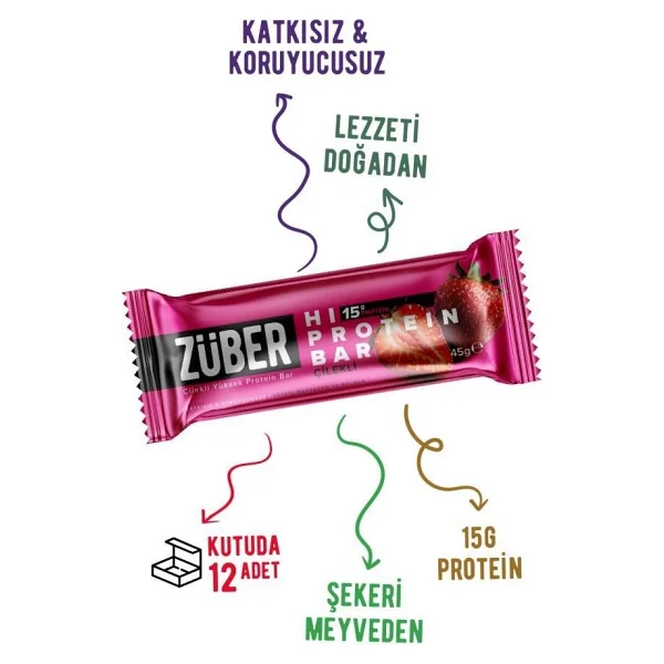 Züber Çilekli Hi Protein Bar 45g X 12 Adet (15g Protein) - Görsel 3