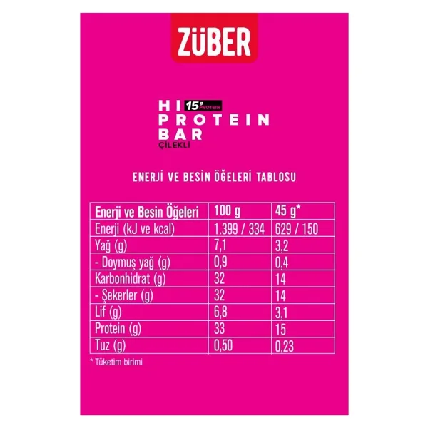 Züber Çilekli Hi Protein Bar 45g X 12 Adet (15g Protein) - Görsel 6