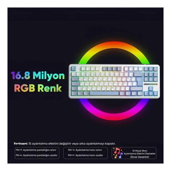 Aula F87 Pro Buz Mavisi RGB Tkl Graywood V4 Switch Kablolu/Kablosuz Mekanik Oyuncu Klavyesi - Görsel 6