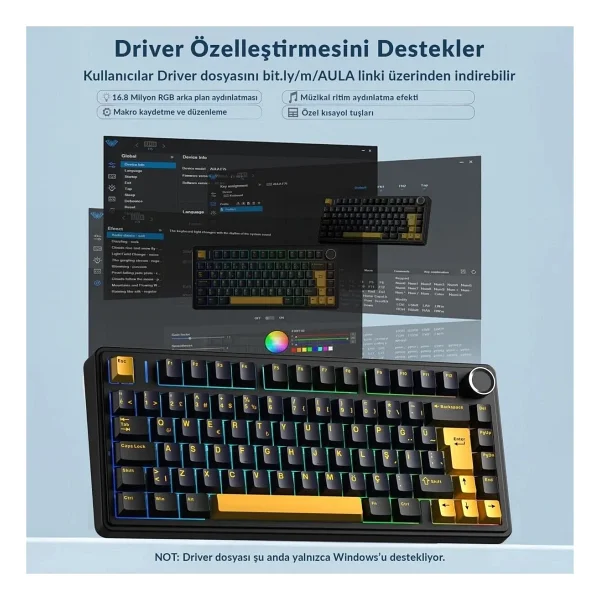 Aula F75 Mekanik RGB Tkl Hot Swap Graywood V4 Switch Kablosuz Makrolu Türkçe Q Klavye Siyah - Görsel 8