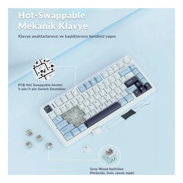 Aula F75 Mekanik RGB Tkl Hot Swap Graywood V4 Switch Kablosuz Makrolu Türkçe Q Klavye Siyah - Görsel 10