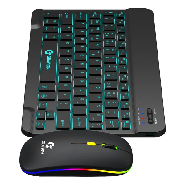 Gravion Km-Bt35 Işıklı Bluetooth Kablosuz Klavye Mouse Seti Siyah, Şarjlı Türkçe Q, Tablet Telefon Laptop Uyumlu, Sessiz Mini Combo - Görsel 8