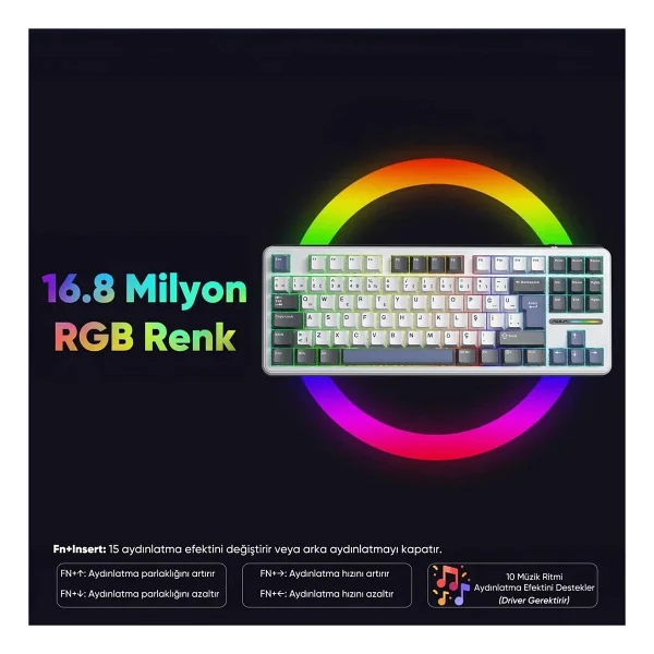 Aula F87 Pro Mavi RGB Tkl Graywood V4 Switch Kablolu/Kablosuz Mekanik Oyuncu Klavyesi - Görsel 6