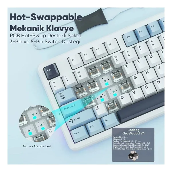 Aula F87 Pro Mavi RGB Tkl Graywood V4 Switch Kablolu/Kablosuz Mekanik Oyuncu Klavyesi - Görsel 8