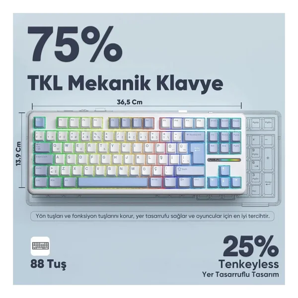 Aula F87 Pro Mavi RGB Tkl Graywood V4 Switch Kablolu/Kablosuz Mekanik Oyuncu Klavyesi - Görsel 9