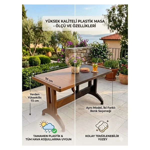 Evko Mobilya Plastik 70x120 Masa, Plastik Masa, Bahçe Balkon Teras Masası, Kare Masa, Dış Mekan Masası - Acı Kahverengi - Görsel 3