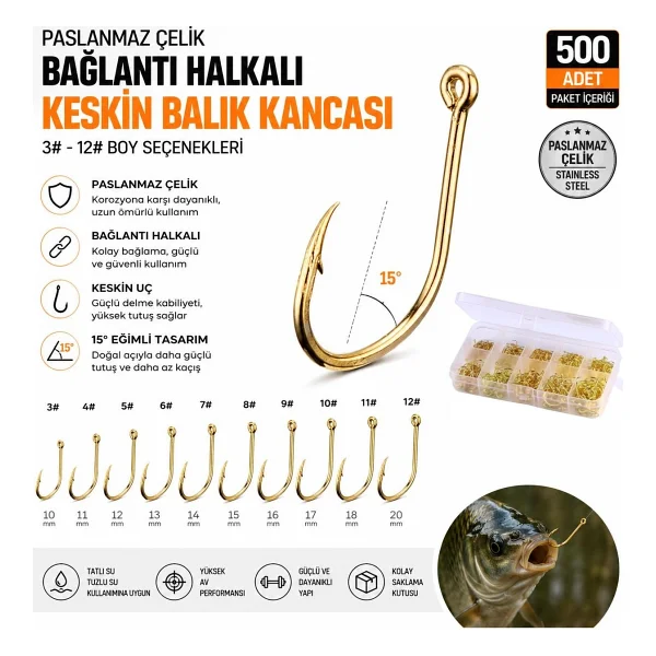 Valkyrie 500 Adet Altın Renk Olta İğnesi Seti - 10 Farklı Boy, Paslanmaz Çelik, Halkalı Keskin Balık Kancası - Görsel 2