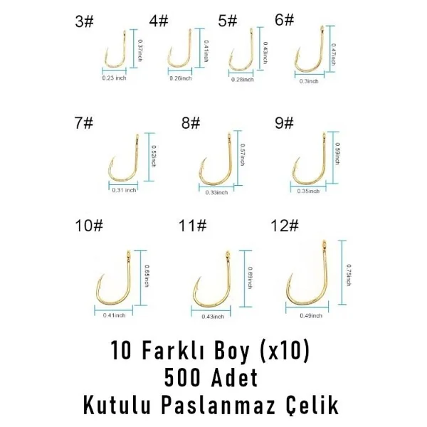 Valkyrie 500 Adet Altın Renk Olta İğnesi Seti - 10 Farklı Boy, Paslanmaz Çelik, Halkalı Keskin Balık Kancası - Görsel 7