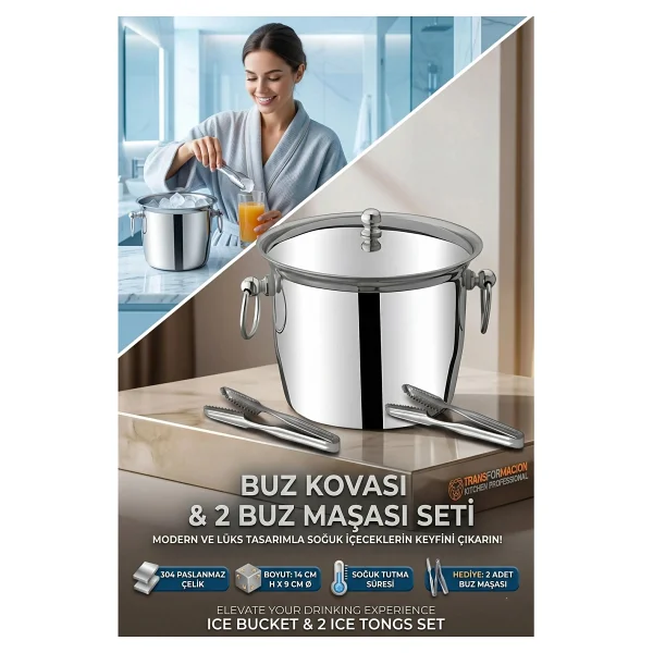 Buz Kovası 304 Paslanmaz Çelik Ve Buz Maşası Seti Buz Termosu 721563 - Görsel 7