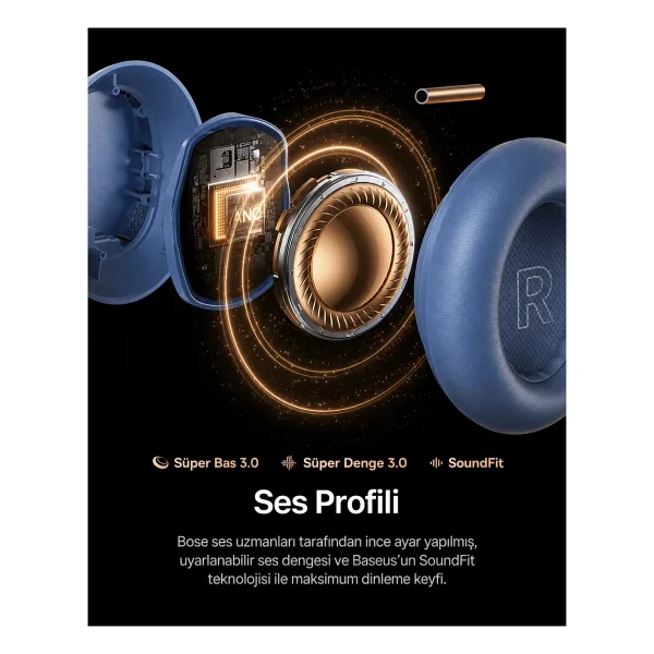 Baseus Inspire Xh1 ANC Mavi Kulak Üstü Bluetooth Kulaklık - Görsel 5