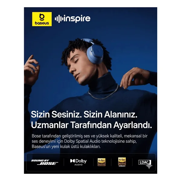Baseus Inspire Xh1 ANC Mavi Kulak Üstü Bluetooth Kulaklık - Görsel 6