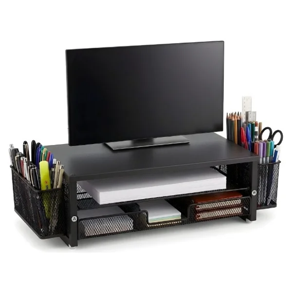 Temel Siyah Metal Mesh Monitör Yükseltici Stand Çekmeceli Kalemlikli Masaüstü Organizer 9210 - Görsel 3