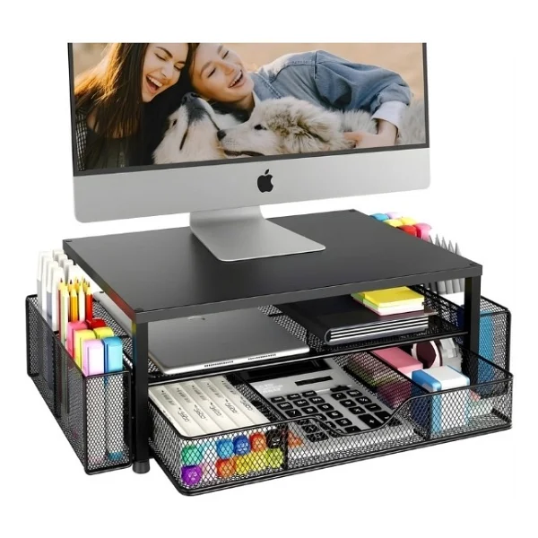 Temel Siyah Metal Mesh Monitör Yükseltici Stand Çekmeceli Kalemlikli Masaüstü Organizer 9210 - Görsel 4