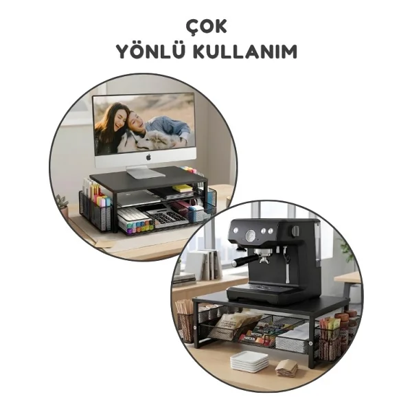 Temel Siyah Metal Mesh Monitör Yükseltici Stand Çekmeceli Kalemlikli Masaüstü Organizer 9210 - Görsel 6
