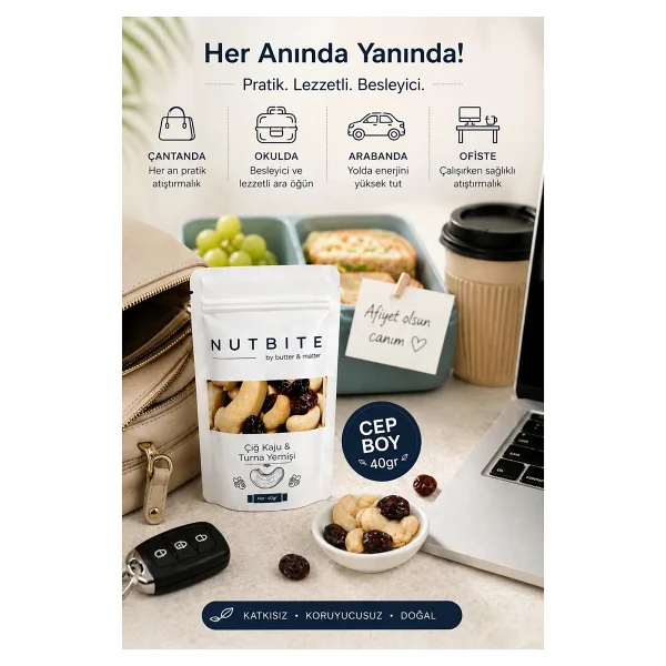 Nutbıte 12'li Cep Boy - Çiğ Kaju & Turna Yemişi - Taptaze Mahsül - Hafif Atıştırmalık Kuruyemiş - (12x40gr) - Görsel 2